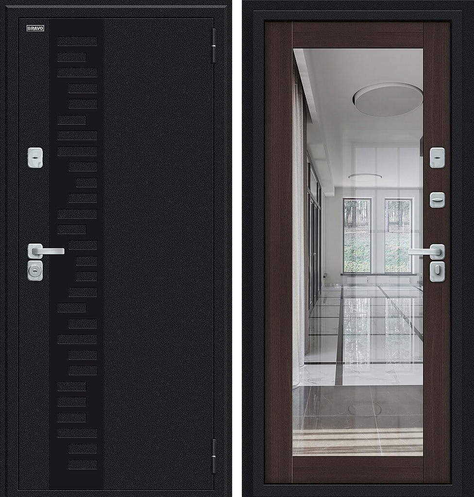 Входная дверь Thermo Флэш Декор-2, цвет: Букле черное/Wenge Veralinga, из серии: Bravo Thermo, размер: 205*86, открывание: Левое